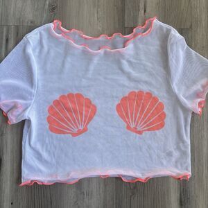NWOT Tinibikini Orange Sheer Mesh Seashell Top Cover Up Size Small